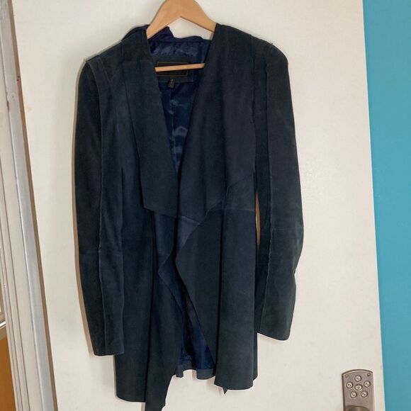 BCBG Womens Size S Navy Blue Leather Coat Draped Layered Waterfall Front Jacket - Picture 3 of 16